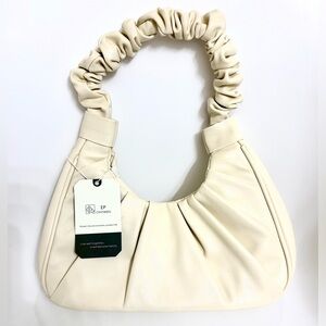 Cream Ruched Shoulder Bag Soft Faux Leather Slouchy Hobo Minimalist Handbag